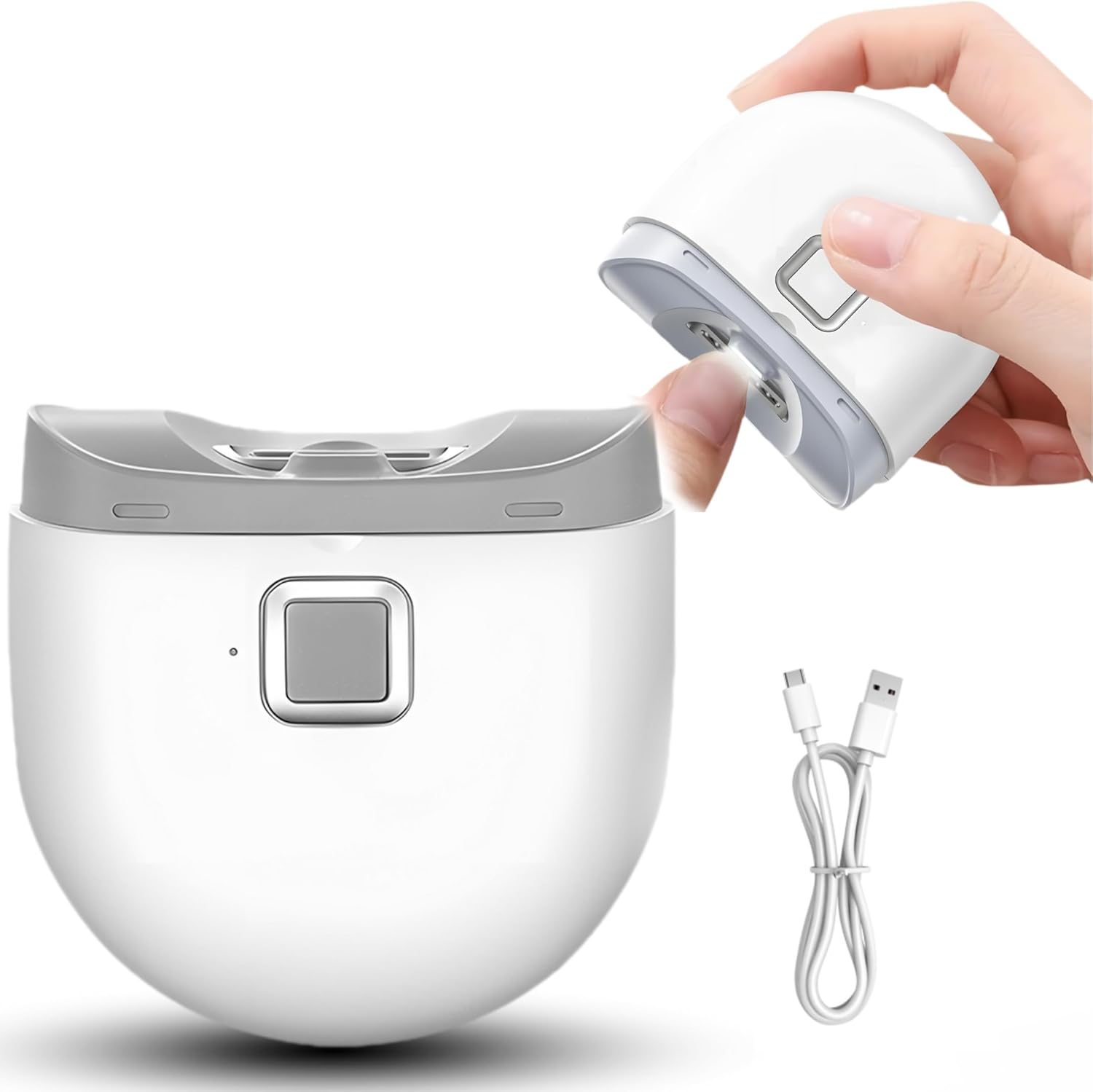 Generic rechargeable electric nail clipper front view showing white and gray design