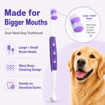VVHOMIFE dual head pet toothbrush displaying the wavy large head and precision small brush head design