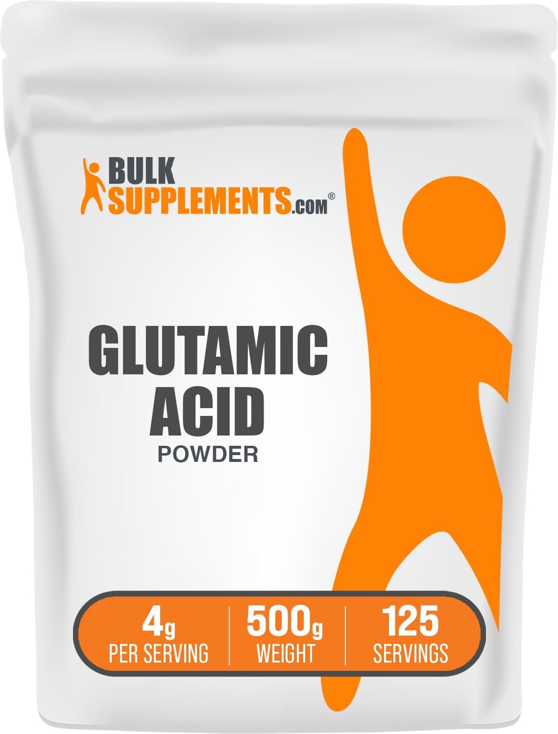 BulkSupplements L Glutamic Acid Powder 1kg packaging detailing serving size of 4000 milligrams.