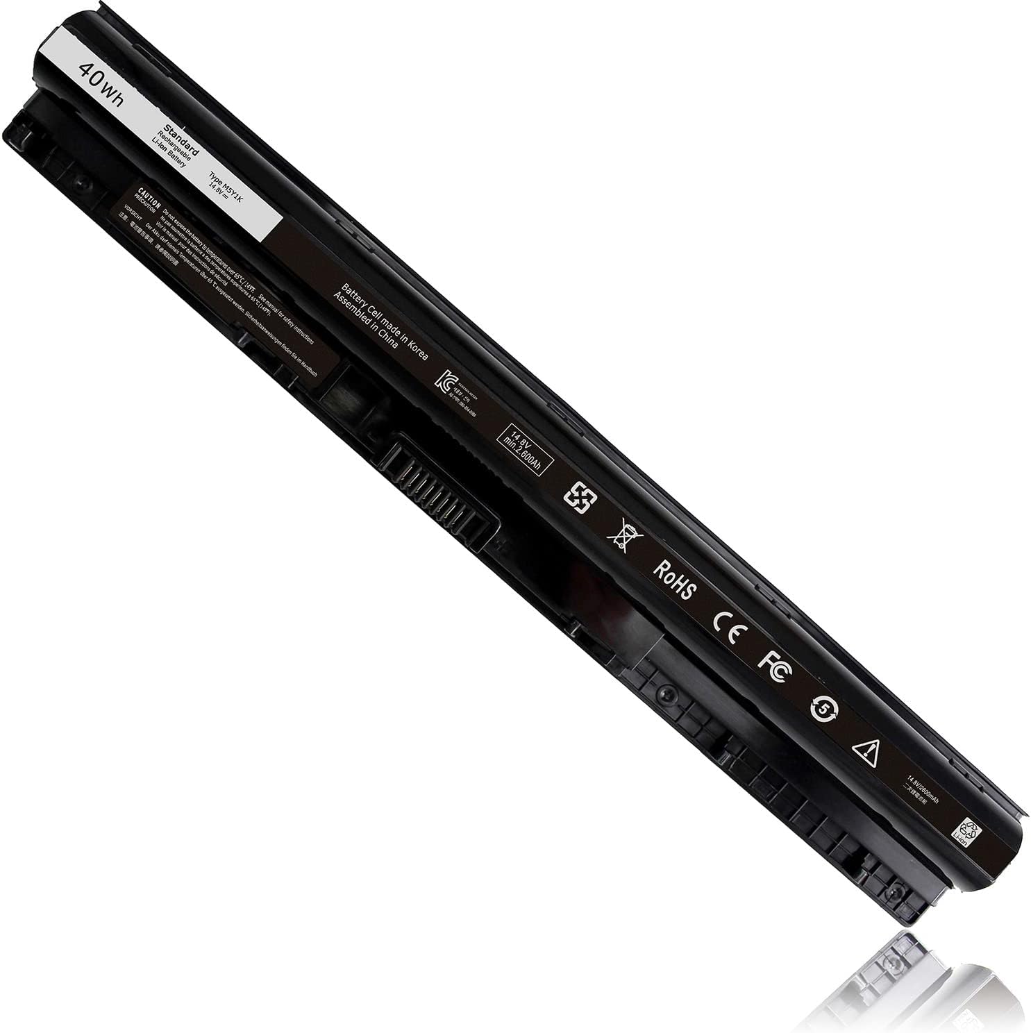 Dell M5Y1K laptop battery front view showing the sleek black exterior casing.