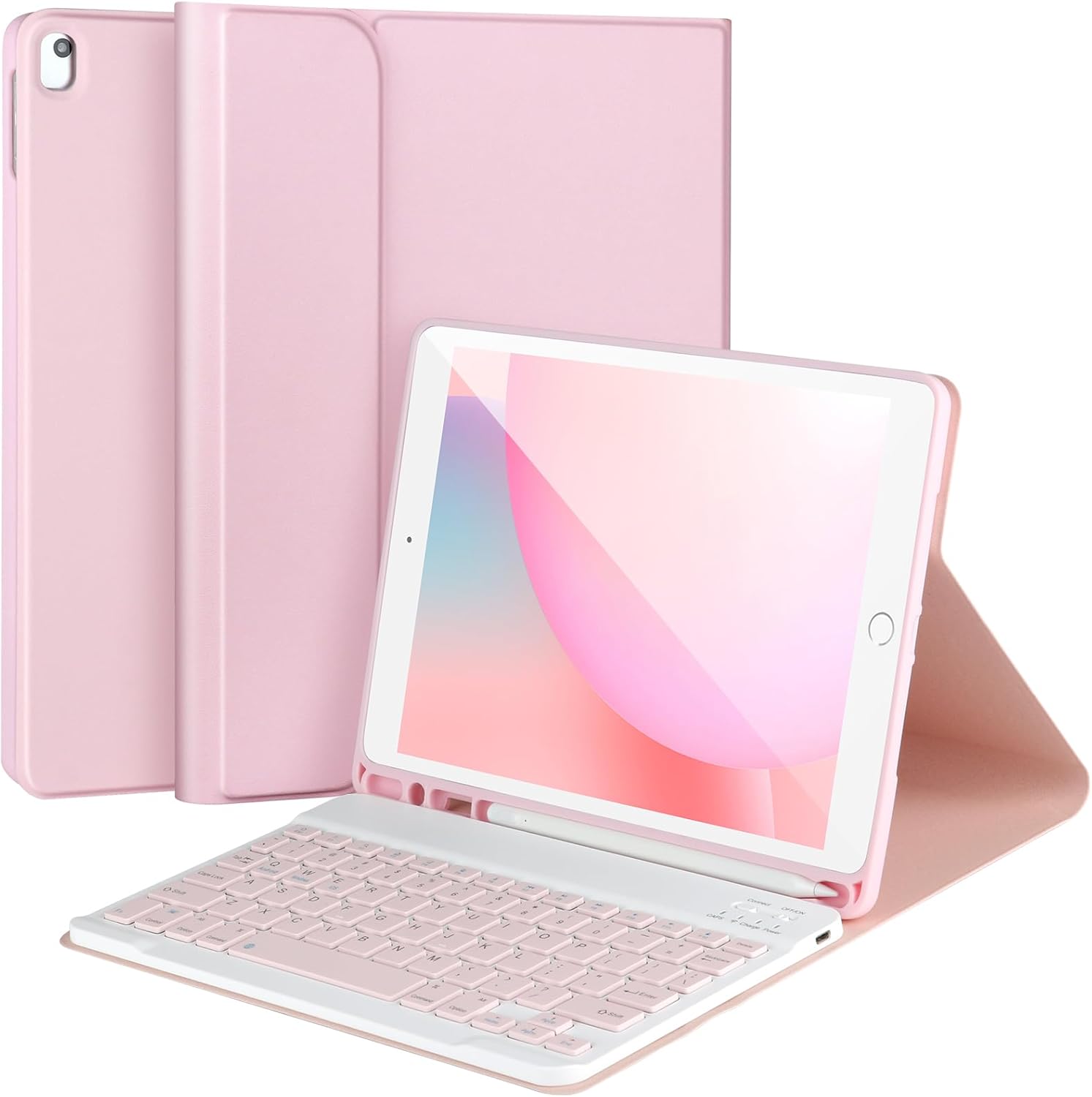 AHYWTAN pink iPad keyboard case front view showing the detachable wireless keyboard and folio stand setup.
