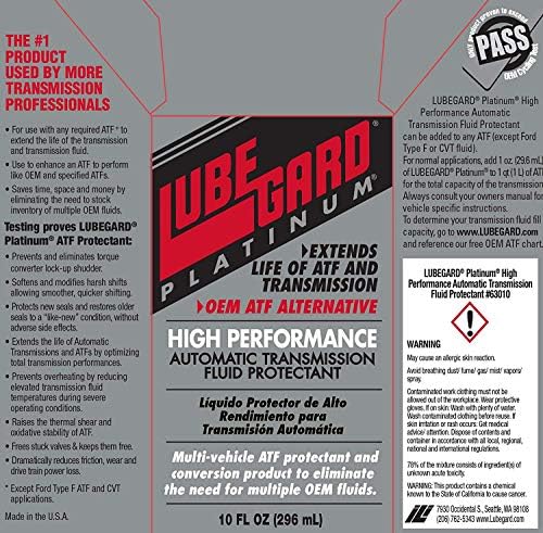 Close up of Lubegard Platinum label details for transmission care