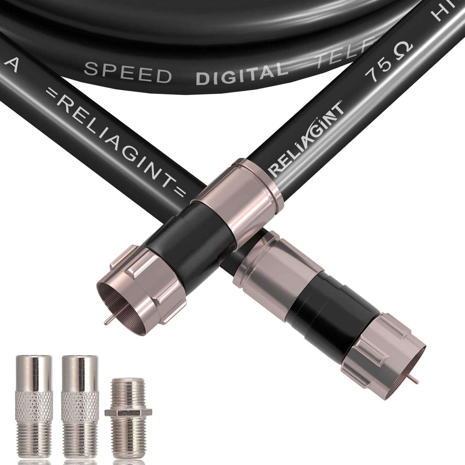 Reliagint 50 feet black RG6 coaxial cable front view showcasing pre-installed male F-connectors.