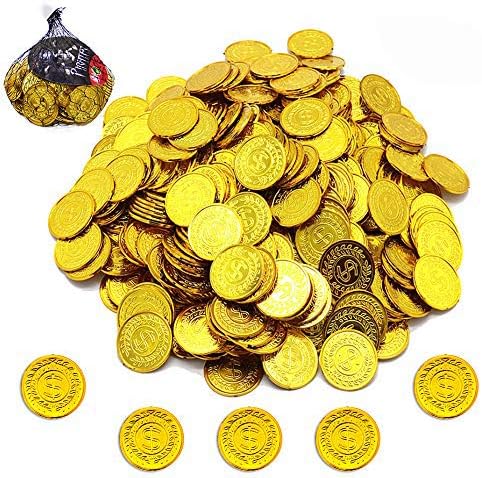SNAPPSY 150 Pieces Plastic Play Coins front view showcasing a large pile of shiny gold pirate treasure hunt toys.