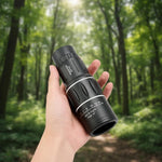 Generic 16x52 monocular telescope front view showing the fifty-two millimeter objective lens and black rubberized body.