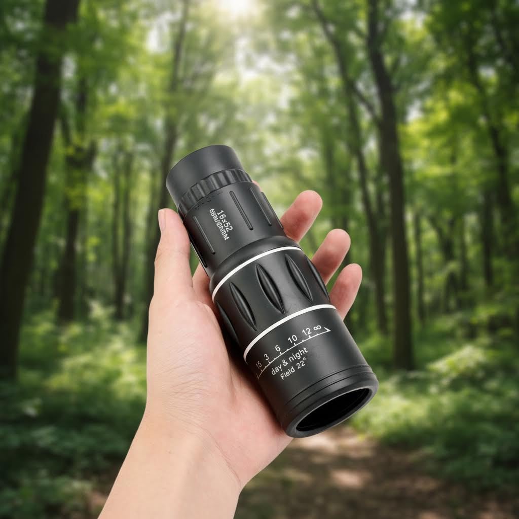 Generic 16x52 monocular telescope front view showing the fifty-two millimeter objective lens and black rubberized body.