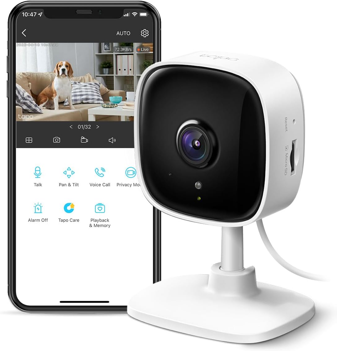 TP-Link Tapo C100 indoor security camera front view showcasing sleek white compact design.