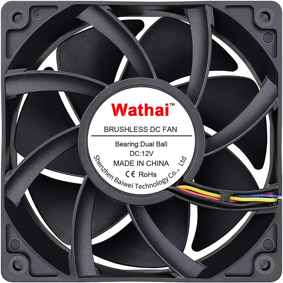 Wathai 12038 high airflow computer case fan front view showing robust black blades and premium housing design.