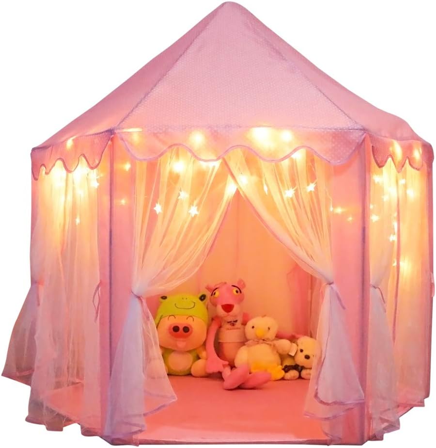 Orian princess castle play tent front view with glowing star lights inside a children's bedroom