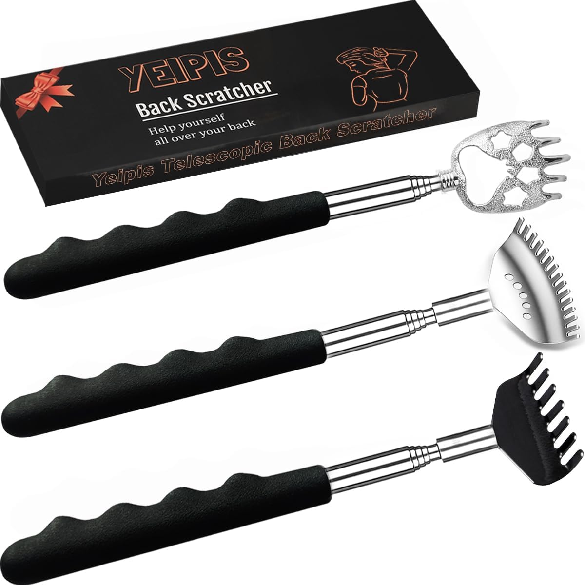 Yeipis telescoping metal back scratcher set front view showcasing three distinct claw designs in black