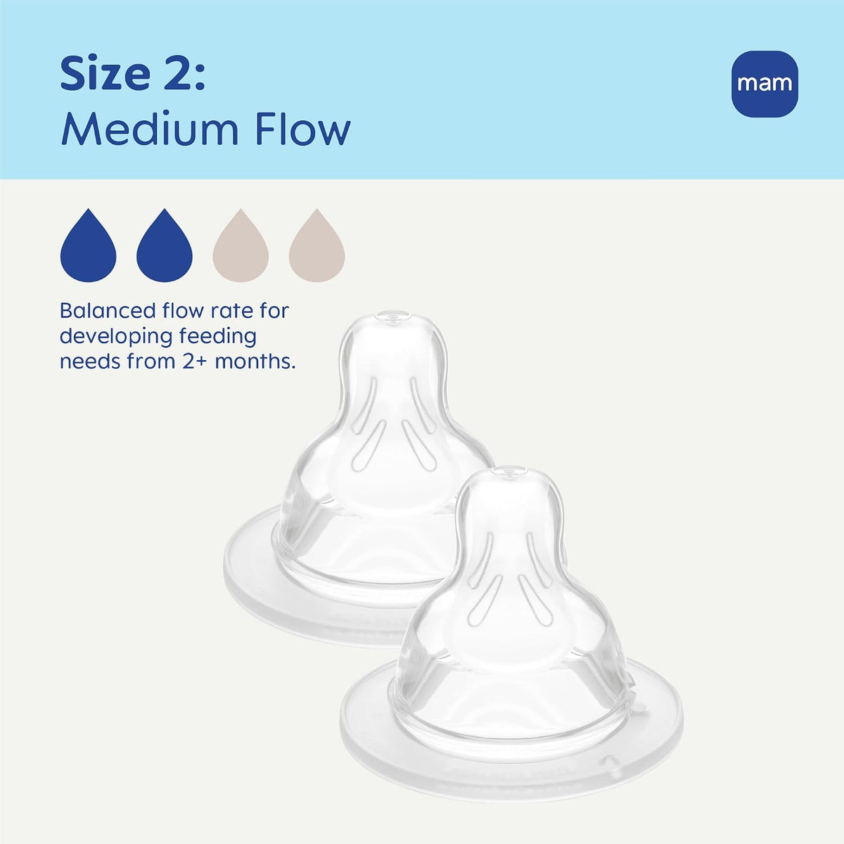 MAM level 2 medium flow silicone teats packaging backside details