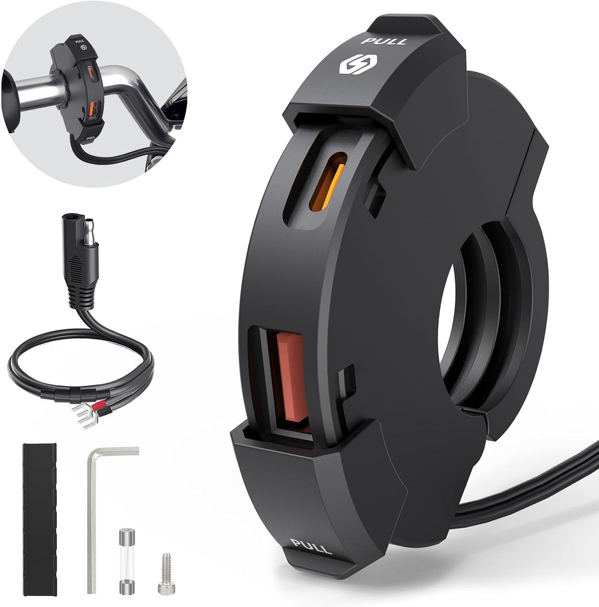 Fahren BlueFire motorcycle USB charger front view showcasing dual ports and handlebar mount.