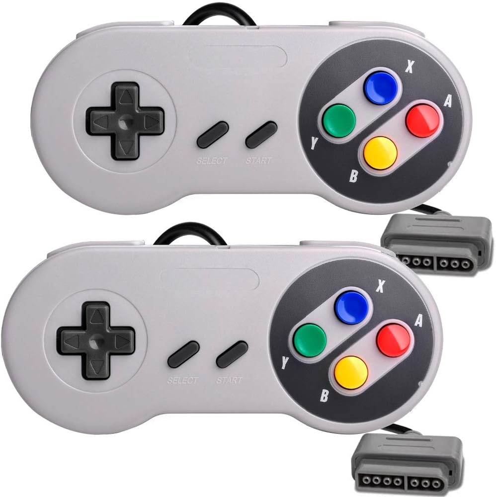Rojuna replacement SNES controller gamepad front view showing classic grey retro design with colorful action buttons.