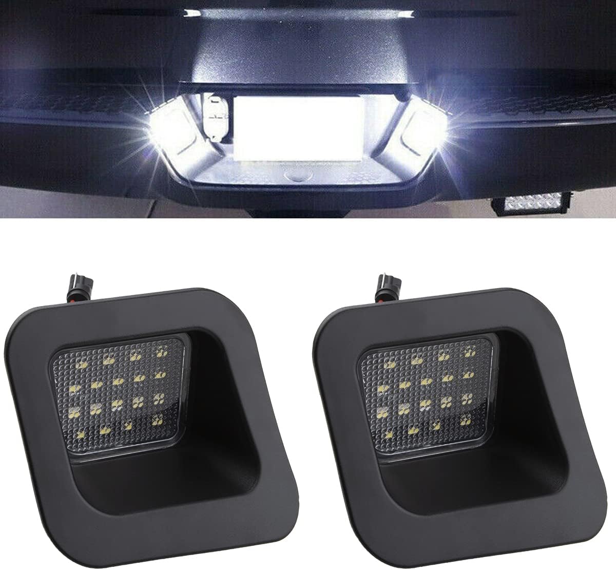 NFSpeeding LED license plate lights assembly showing front view of the two bright white truck lamps