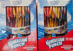 Twelve count box of assorted fruit flavored candy canes on a festive background.