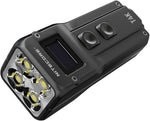 Nitecore flashlight front view showing the OLED display and dual switches