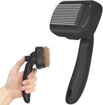 Dipoo Self Cleaning Shedding Brush front view showing black ergonomic handle and pet hair release button.