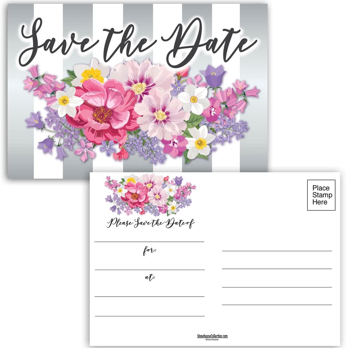 Stonehouse Collection floral save the date postcards front view featuring pink flowers and gray stripes