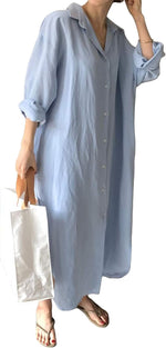 GGUHHU Womens Chic Button Down Rolled-Up Sleeve Maxi Dress front view
