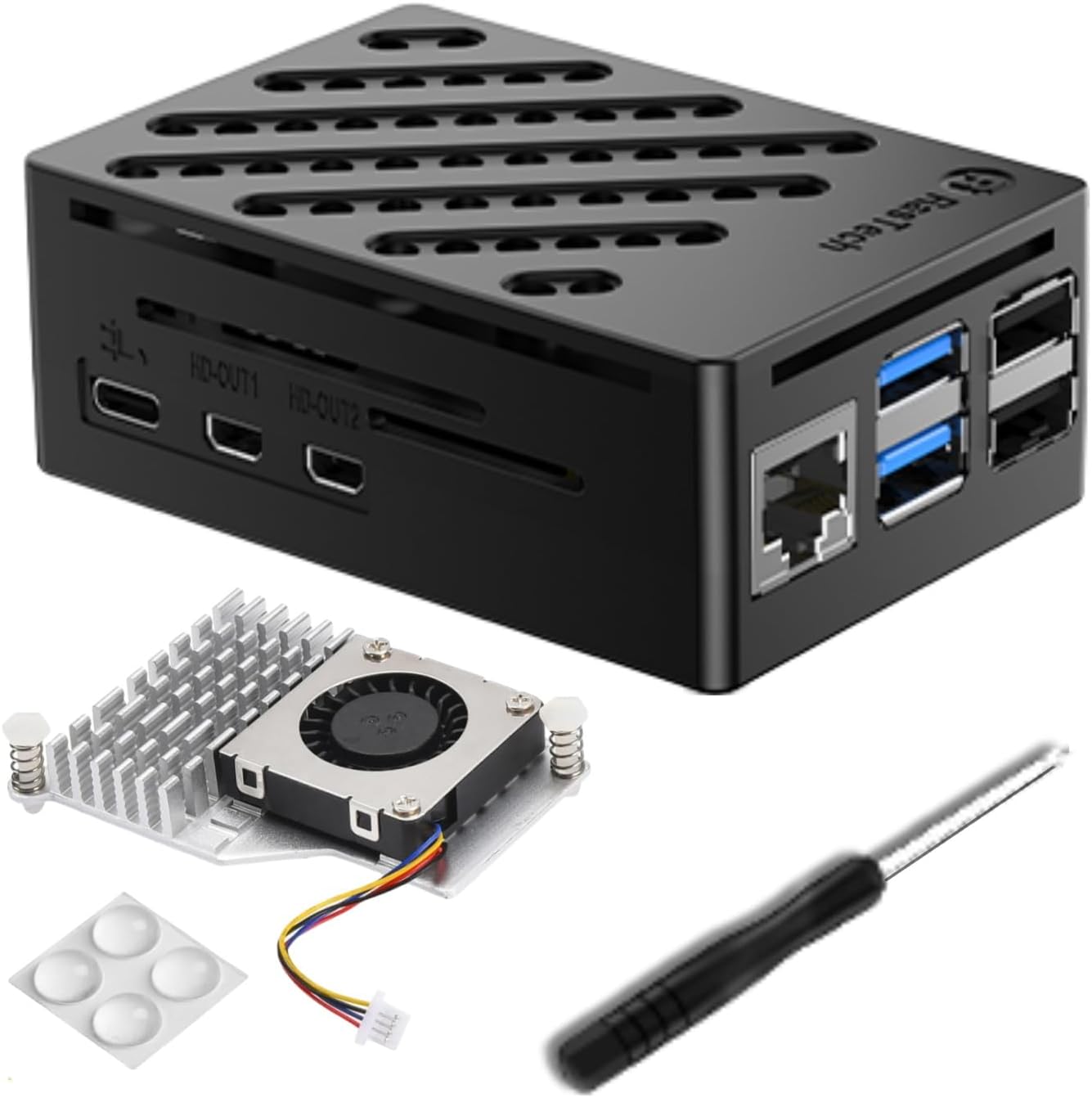 RasTech Raspberry Pi 5 Accessories Kit front view showcasing the red and white ABS case assembly.
