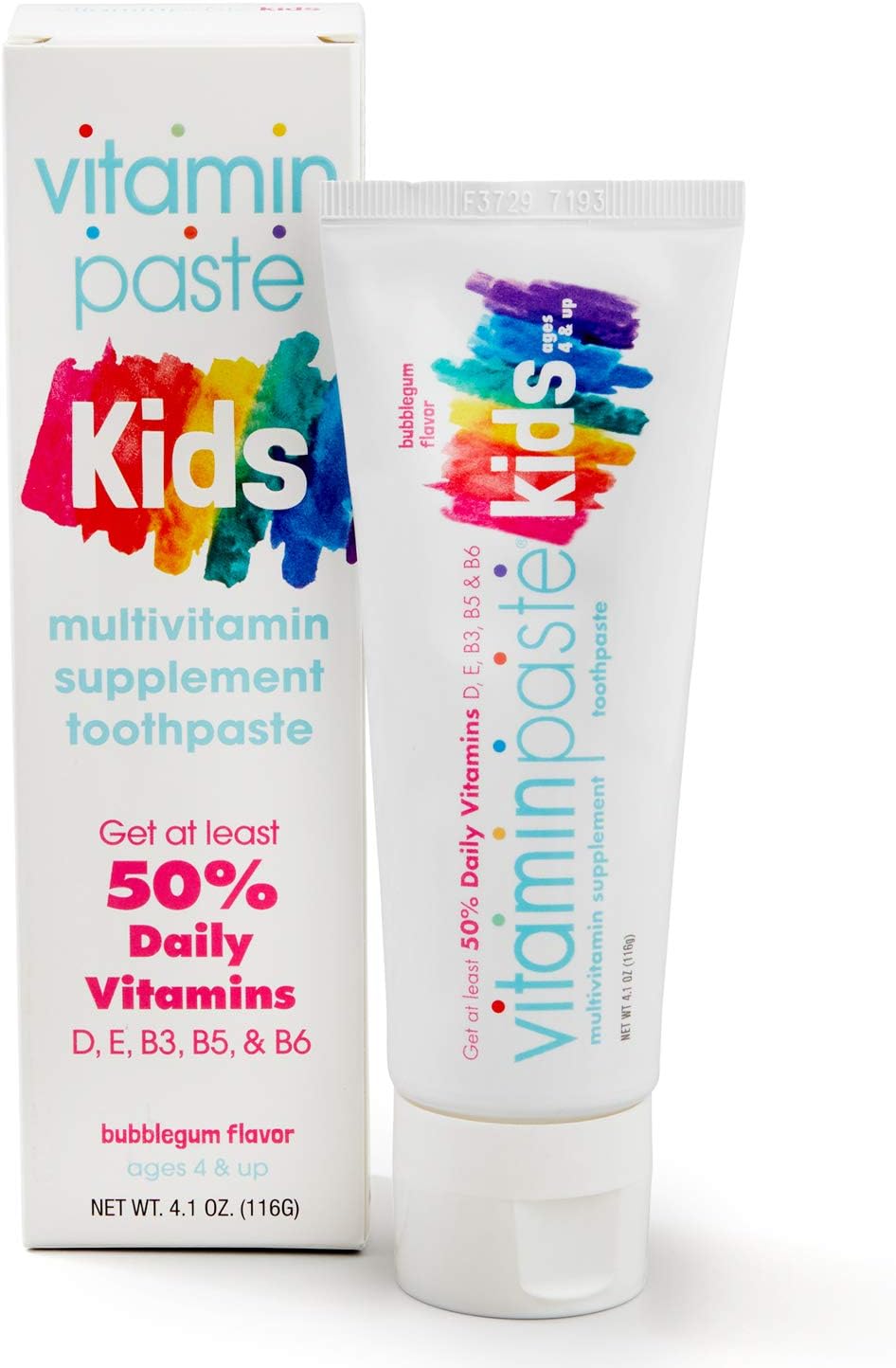 Kids Toothpaste with Daily Multivitamins B3, B5, B6, D, E, Xylitol, Calcium, Fluoride Free, Fresh Breath, Fights Tarter, Anti-Cavity, Safe to Swallow, 4.1oz, Bubble Gum Flavor - Image 1