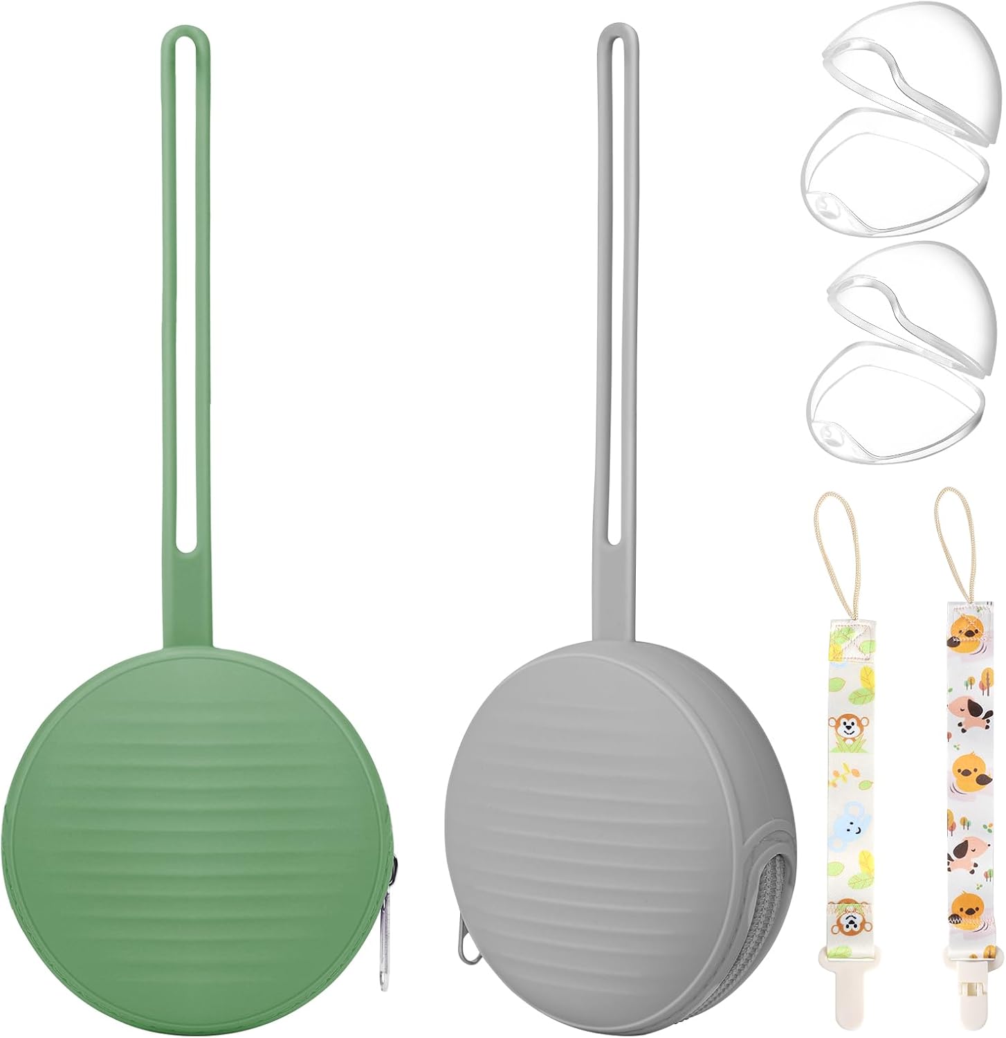 Sopkdey pacifier case and holder set front view showing grey silicone storage pouch