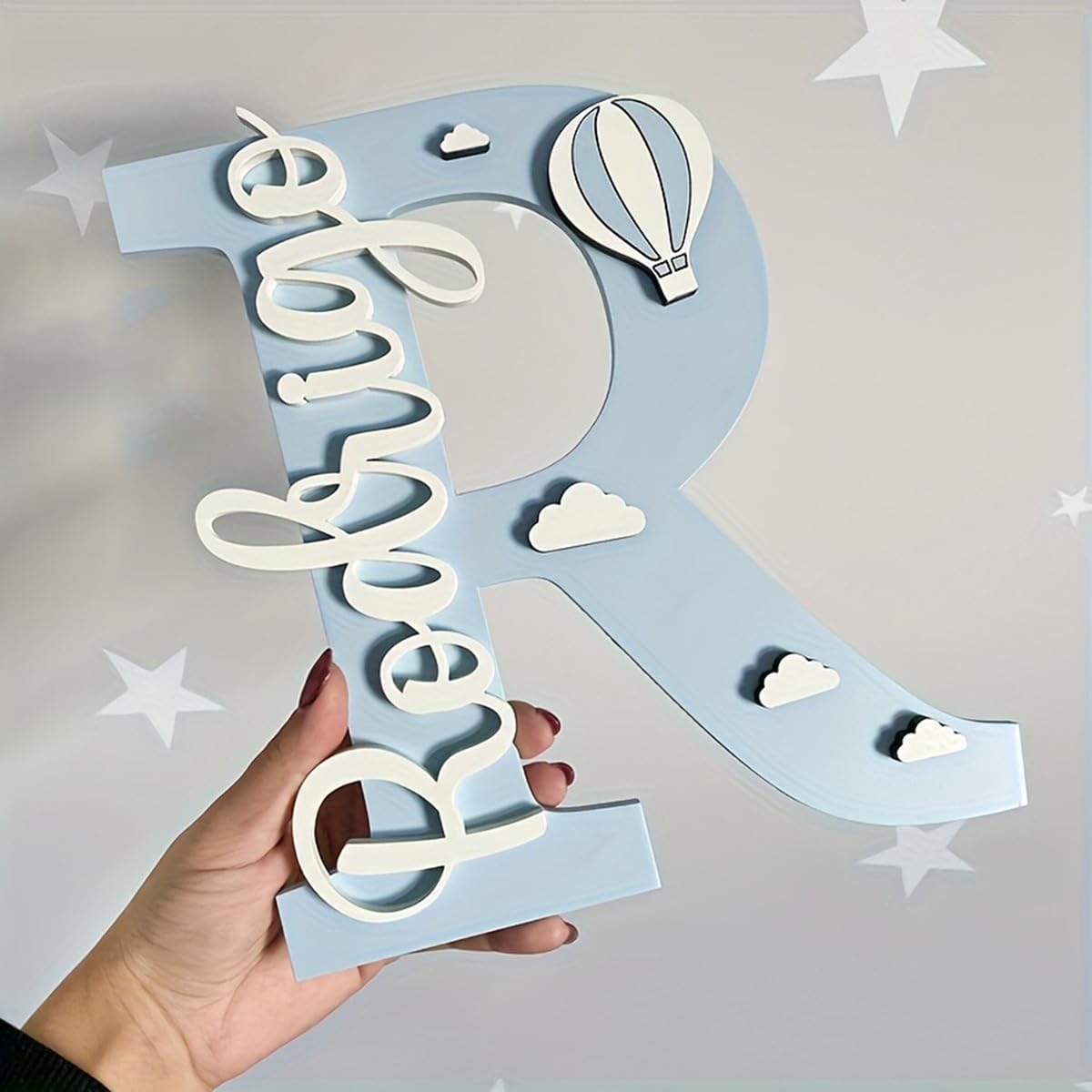 KRUIJHEU custom wooden name tag front view showing the blue initial letter for nursery decoration