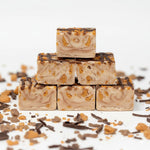 Close up of Valley Fudge artisan dessert showing creamy caramel peanut layers