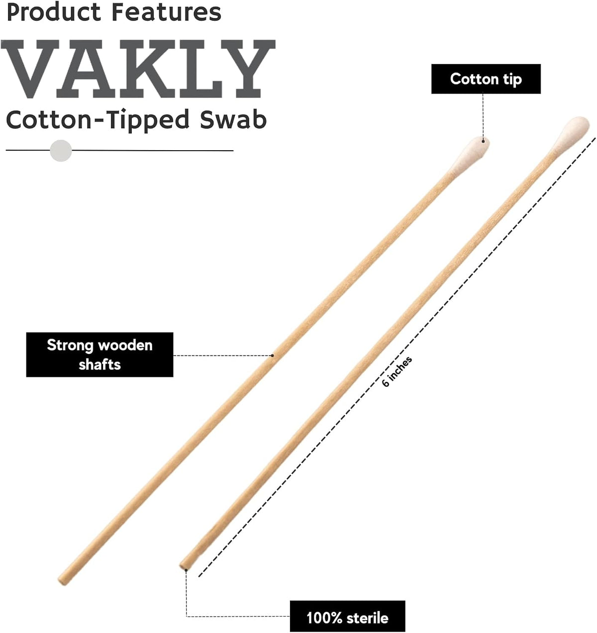 Vakly 6 inch wooden cotton swab sticks in sterile pouches