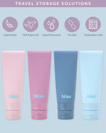 Bliss silicone travel size toiletries containers showing leakproof caps.