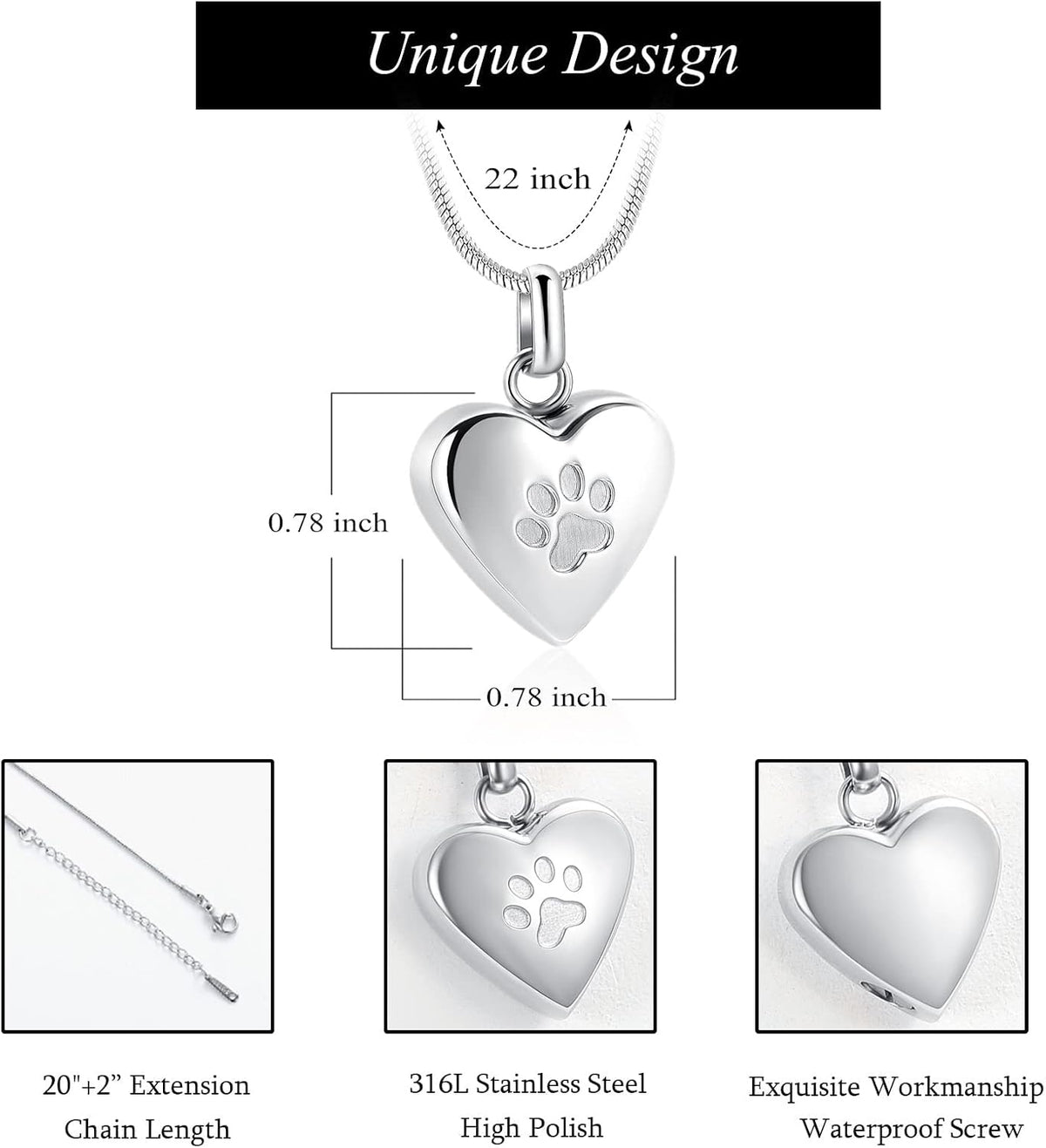Stainless steel paw print memorial pendant detail