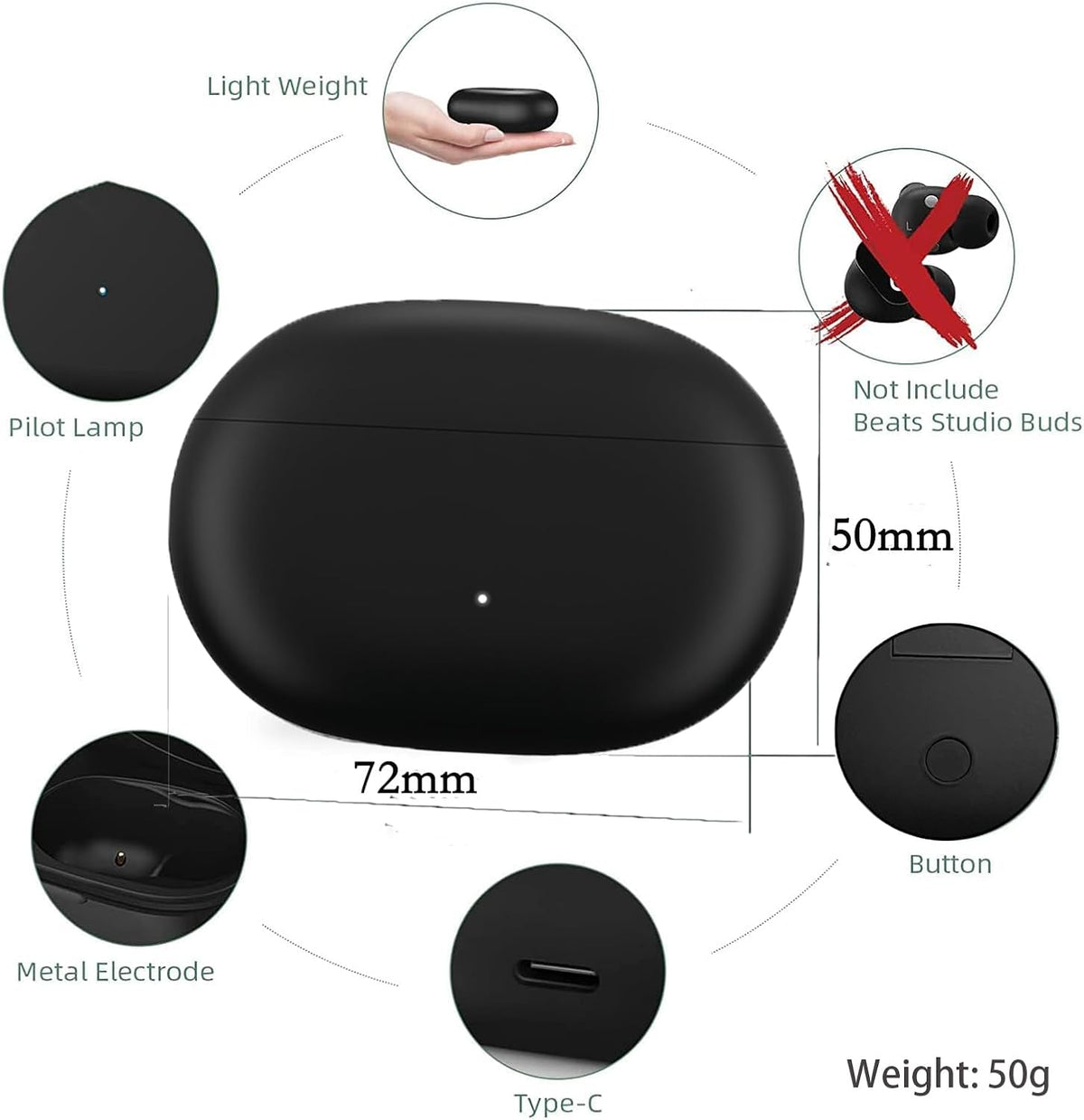 Wasailife charging case rear view showing Bluetooth pairing button