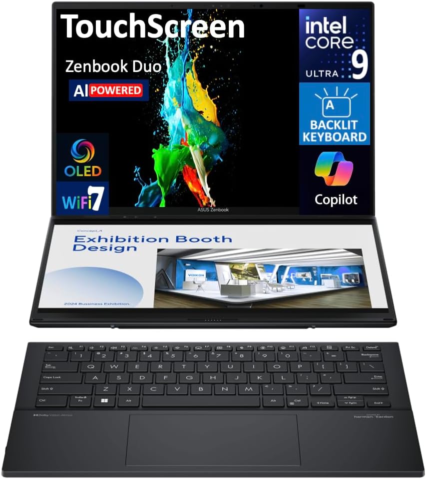 ASUS Zenbook Duo notebook close up on the detachable full size backlit wireless keyboard setup