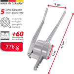 Westmark silver spätzle press showing handle mechanism