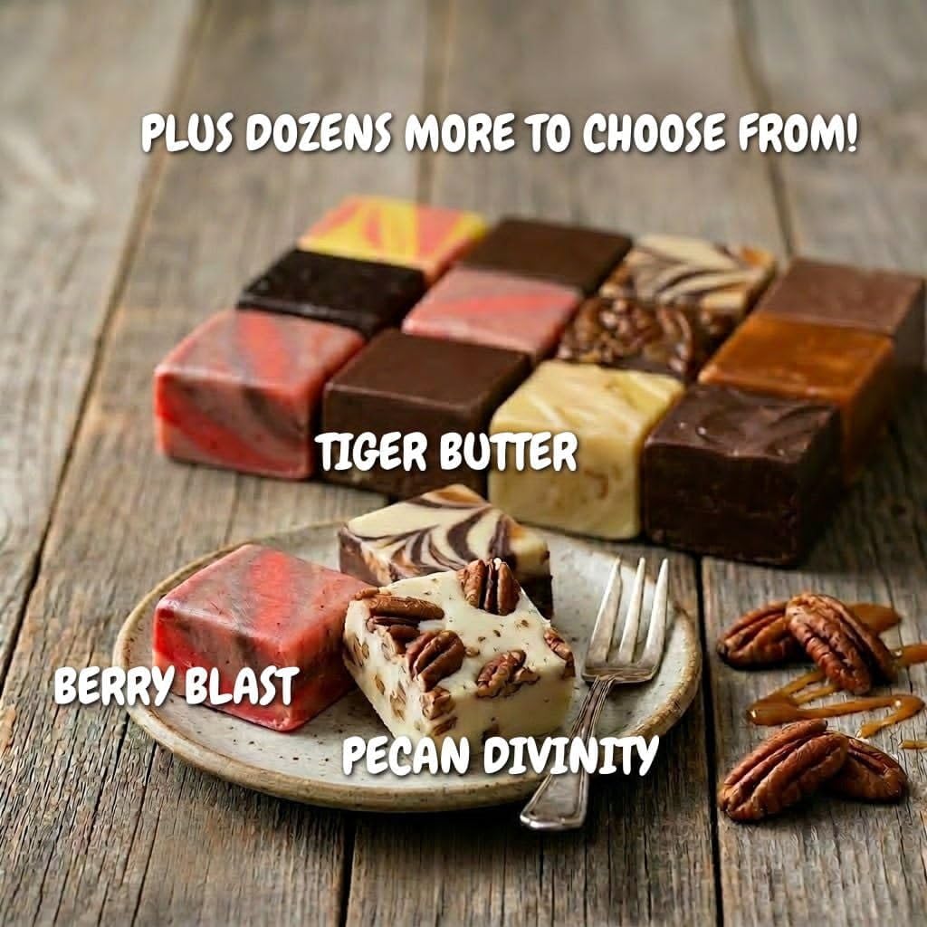 Individually wrapped artisan fudge pieces arranged neatly inside a premium sampler package.