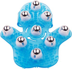 Boseen handheld massage ball glove front view featuring blue palm design and metallic roller balls.