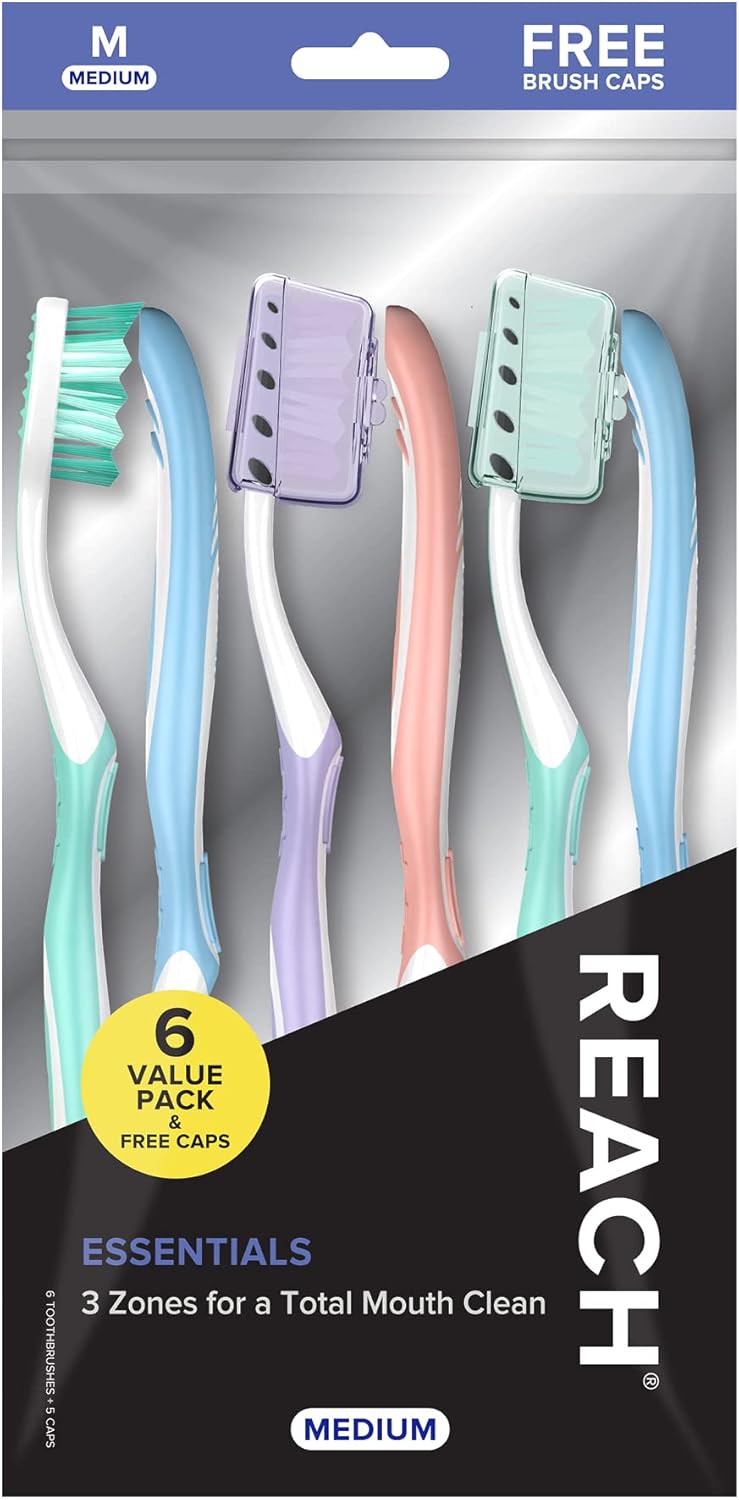 Reach Essentials Toothbrush with Toothbrush Covers, Multi-Angled Medium Bristles, Contoured Handle, Tongue Scraper, 6 Count - Image 1