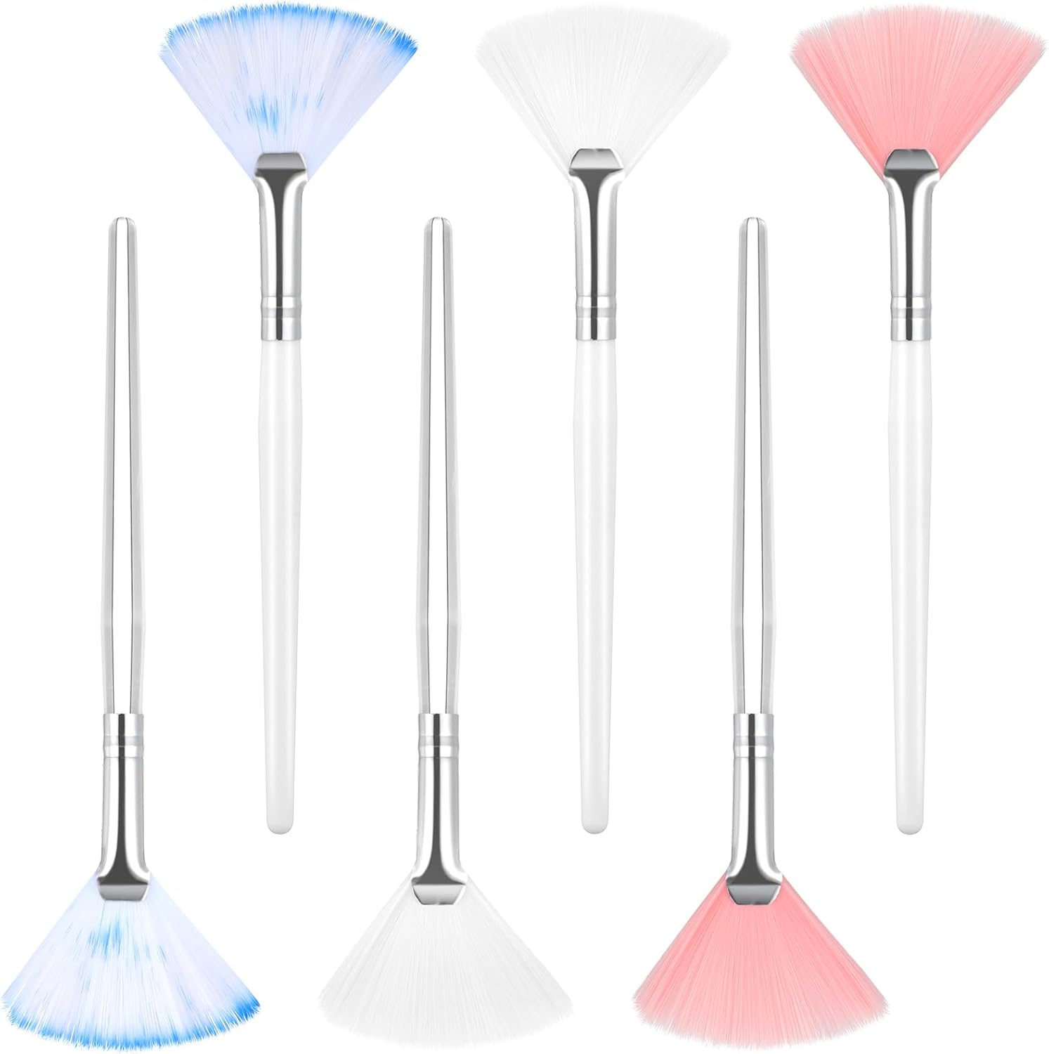 ValueBargain 6-piece soft fan facial brush set front view showing pink white and blue bristles