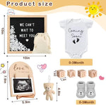 SytuHete 9 piece baby reveal kit featuring grey knitted newborn shoes and rustic wooden blocks.