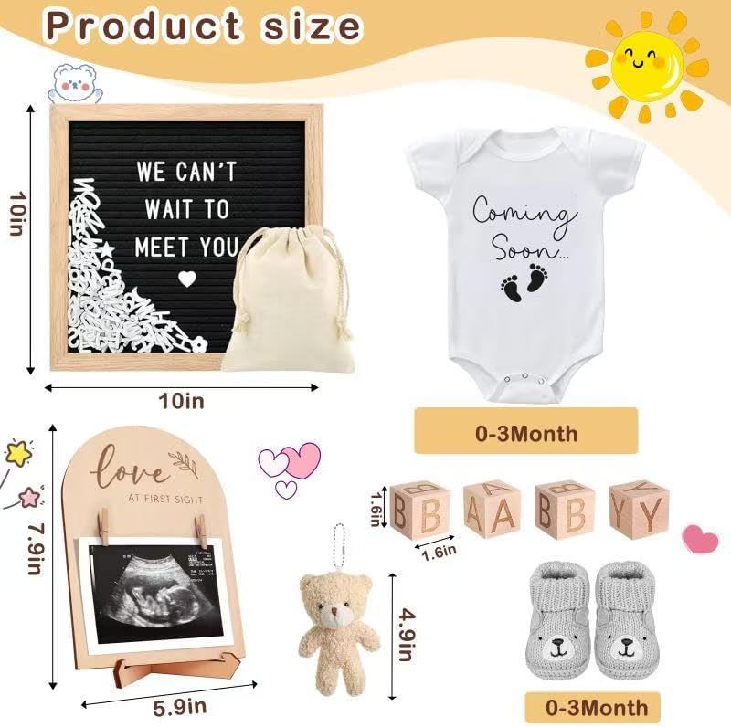SytuHete 9 piece baby reveal kit featuring grey knitted newborn shoes and rustic wooden blocks.