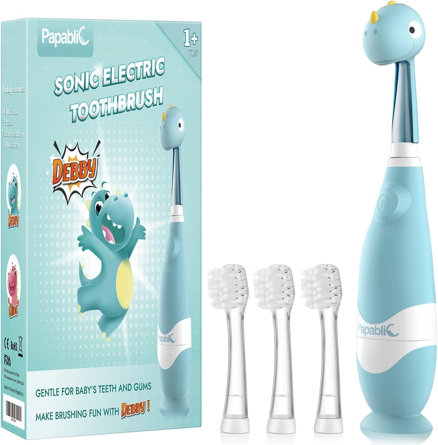 Papablic Debby toddler sonic electric toothbrush front view showing cute dinosaur cover and premium packaging.