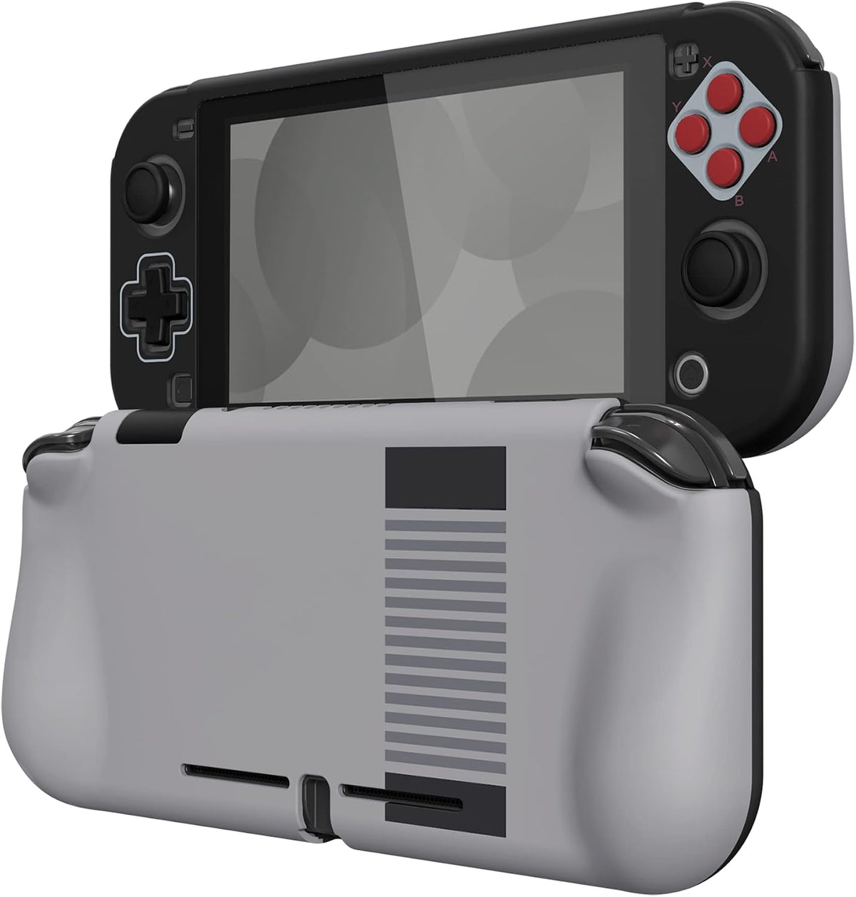 PlayVital ZealProtect Protective Case front view showing ergonomic grey hard shell and classic NES button accents