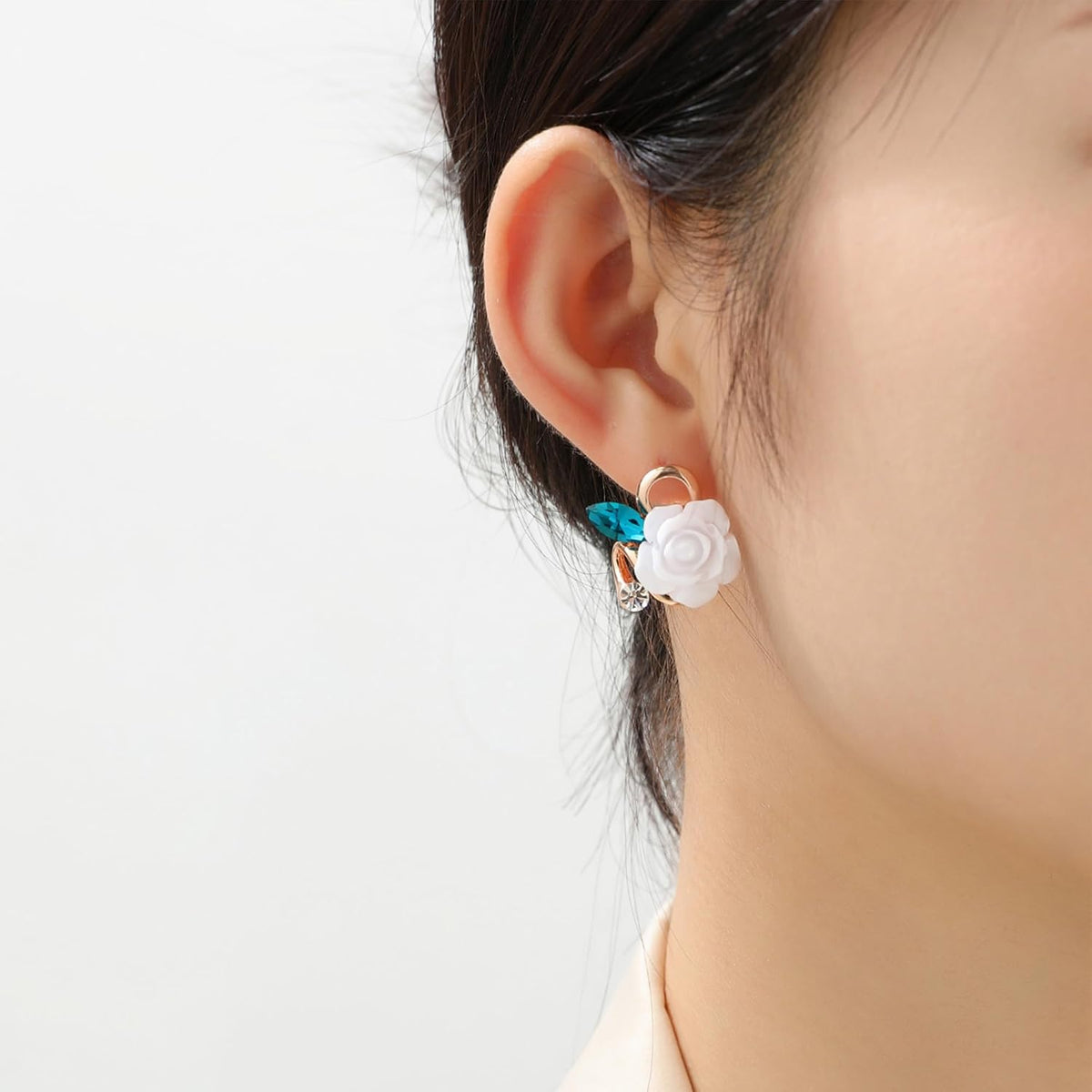 Zaycca White Rose Flower Stud Earrings worn on model