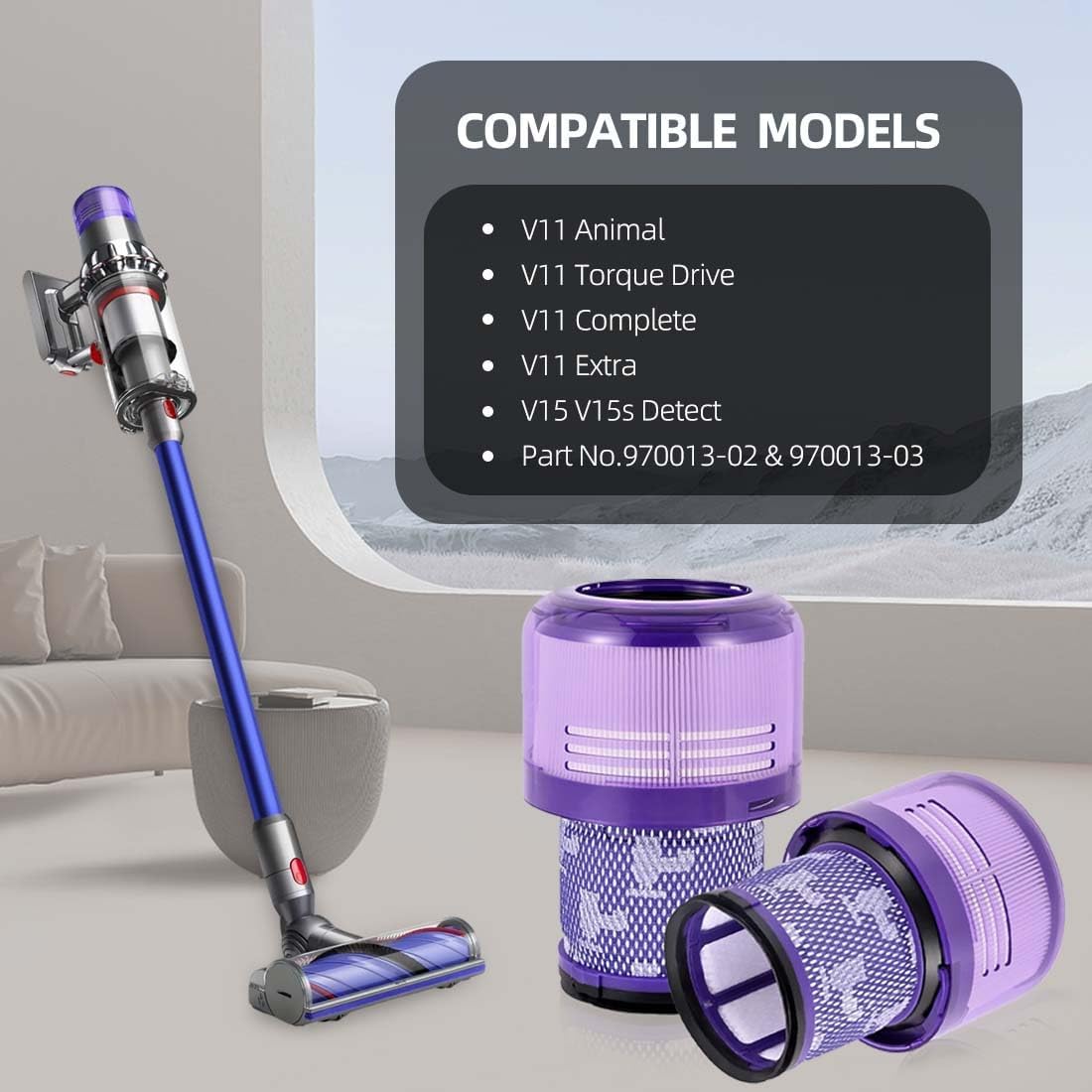2 Pack Filters Replacement Compatible with Dyson V11 Animal, V11 Torque Drive, V11 Complete, V11 Extra, V15/V15s Detect, Washable, Reusable Cordless Vacuum Filter for Pet Hair, Dirt, Dust - Image 2