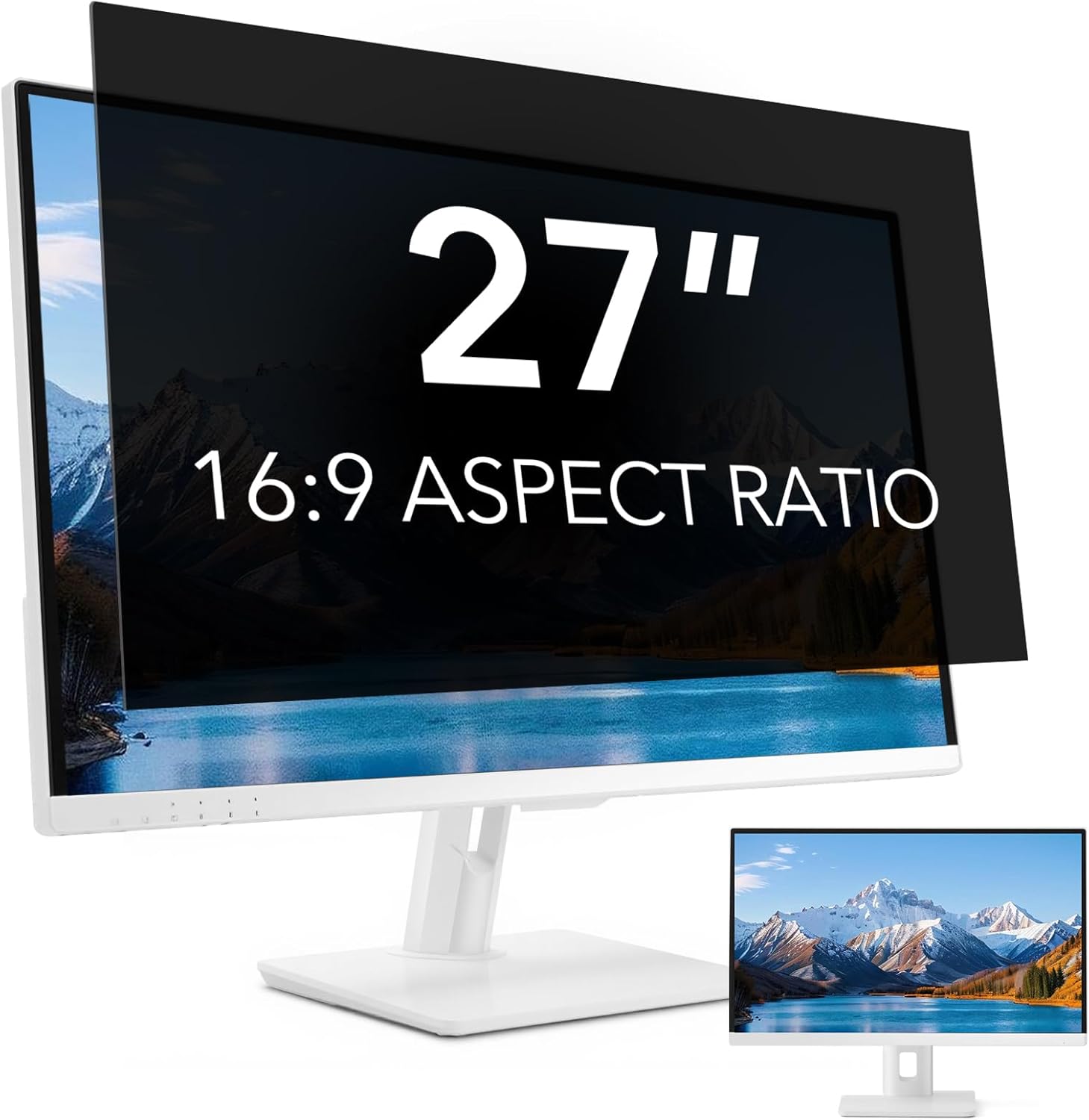 Qoyzine 27 inch computer privacy screen filter mounted on a desktop monitor showing side viewing blackout effect.