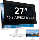 Qoyzine 27 inch computer privacy screen filter mounted on a desktop monitor showing side viewing blackout effect.