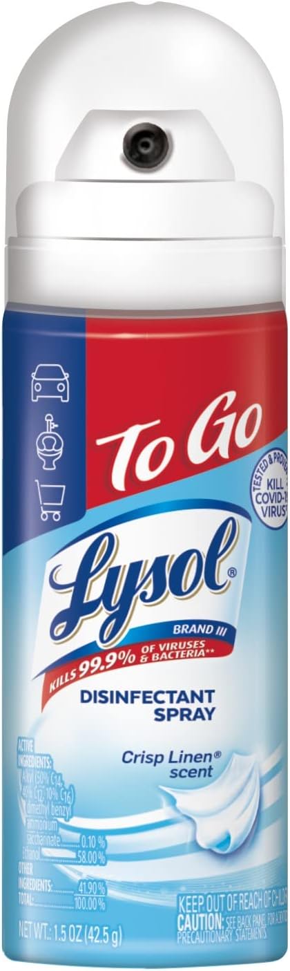Lysol To Go Disinfectant Spray, Travel Size Sanitizing and Antibacterial Spray, For On-the-Go Disinfecting and Deodorizing, Crisp Linen, 1.5 Fl. Oz. - Image 1