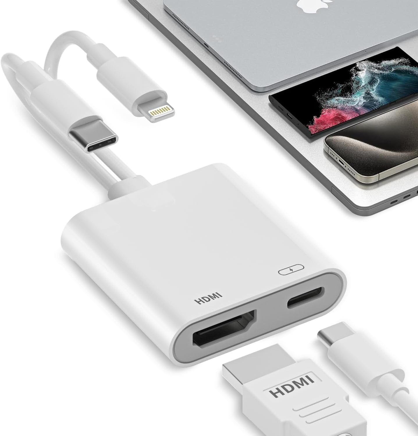 BAOYUANDA dual connector HDMI adapter front view showing Type C and Lightning interfaces for high definition screen mirroring.