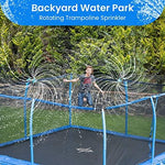 FCLLD Trampoline WaterWhirl system showing adjustable blue white copper connector hose assembly close up