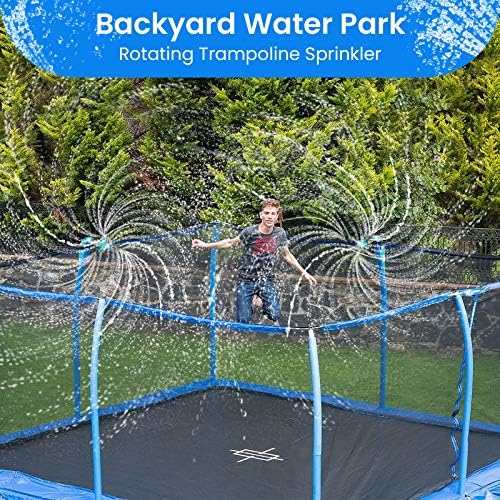 FCLLD Trampoline WaterWhirl system showing adjustable blue white copper connector hose assembly close up